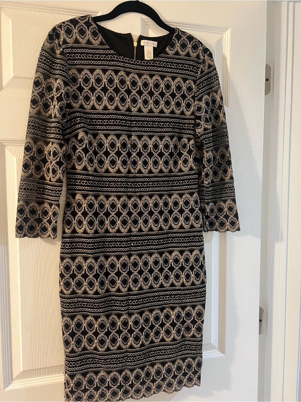 Cache Black and Cream Long Sleeve Textured Sheath Dress